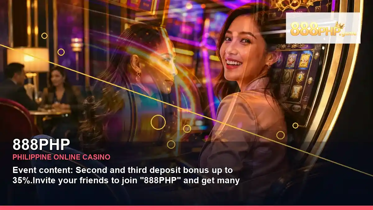 888PHP Philippines casino guide with layered collage coins casino cashback rewards and an adult Filipina casino host